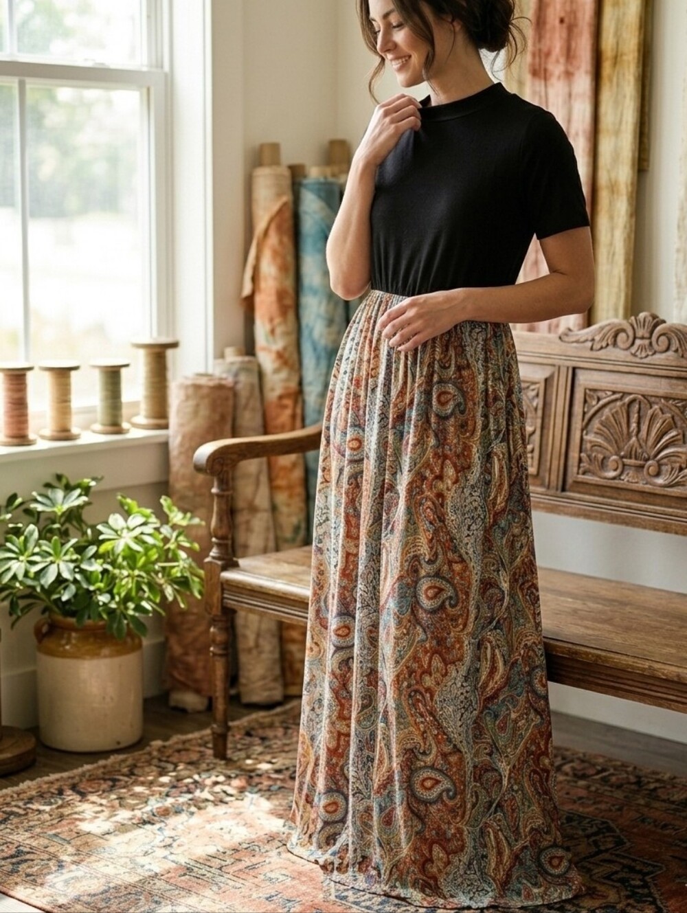 Elegant Black and Multicolor Paisley Patterned Short Sleeve Maxi Dress Size XL